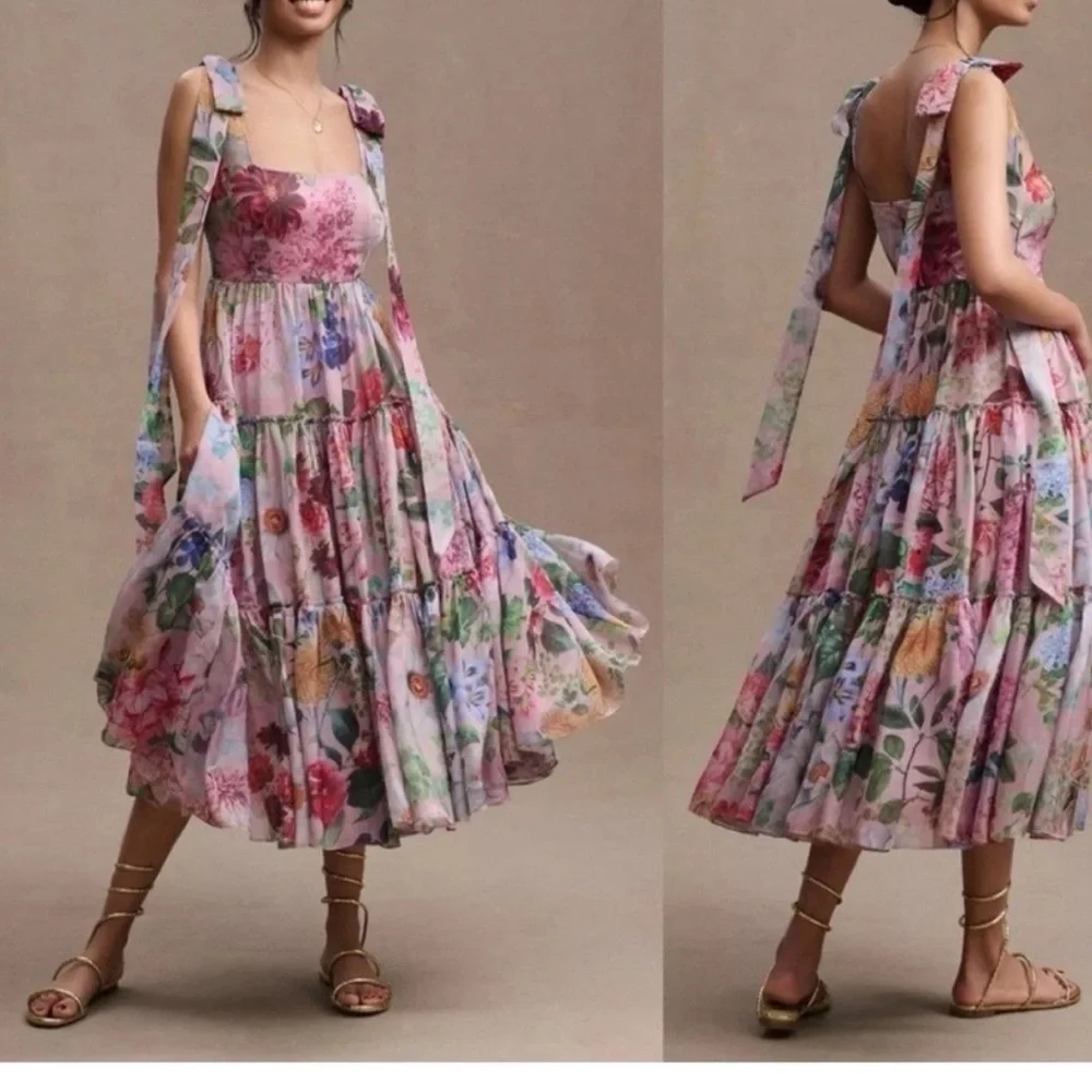 Anthropologie Geisha Designs Isabella Tiered A-line midi dress romantic floral - Picture 1 of 9
